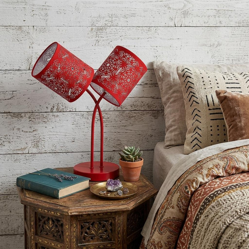 17" Red Metal Two Light Table Lamp With Red Abstract Drum Shade - Lighting