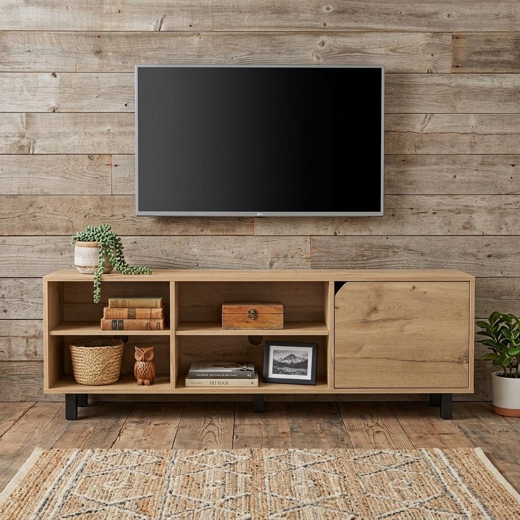 71" Natural Wood Enclosed and Open Storage TV Stand - Living Room