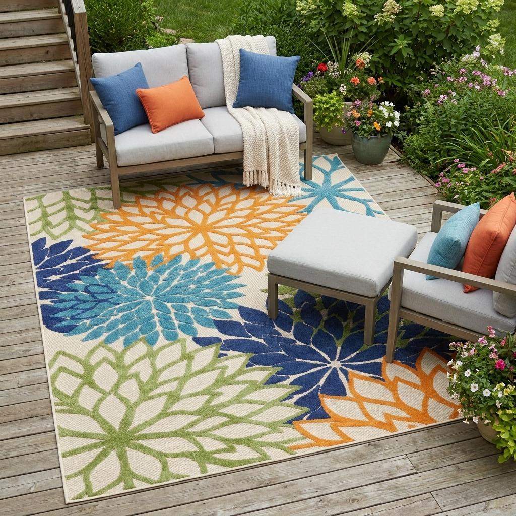 4' X 6' Ivory And Blue Floral Indoor Outdoor Area Rug - Outdoor