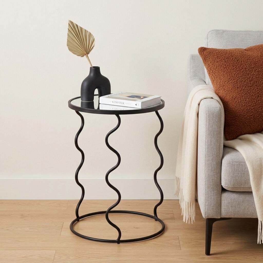 24" Black Mirrored Glass and Steel Round Abstract End Table - Living Room