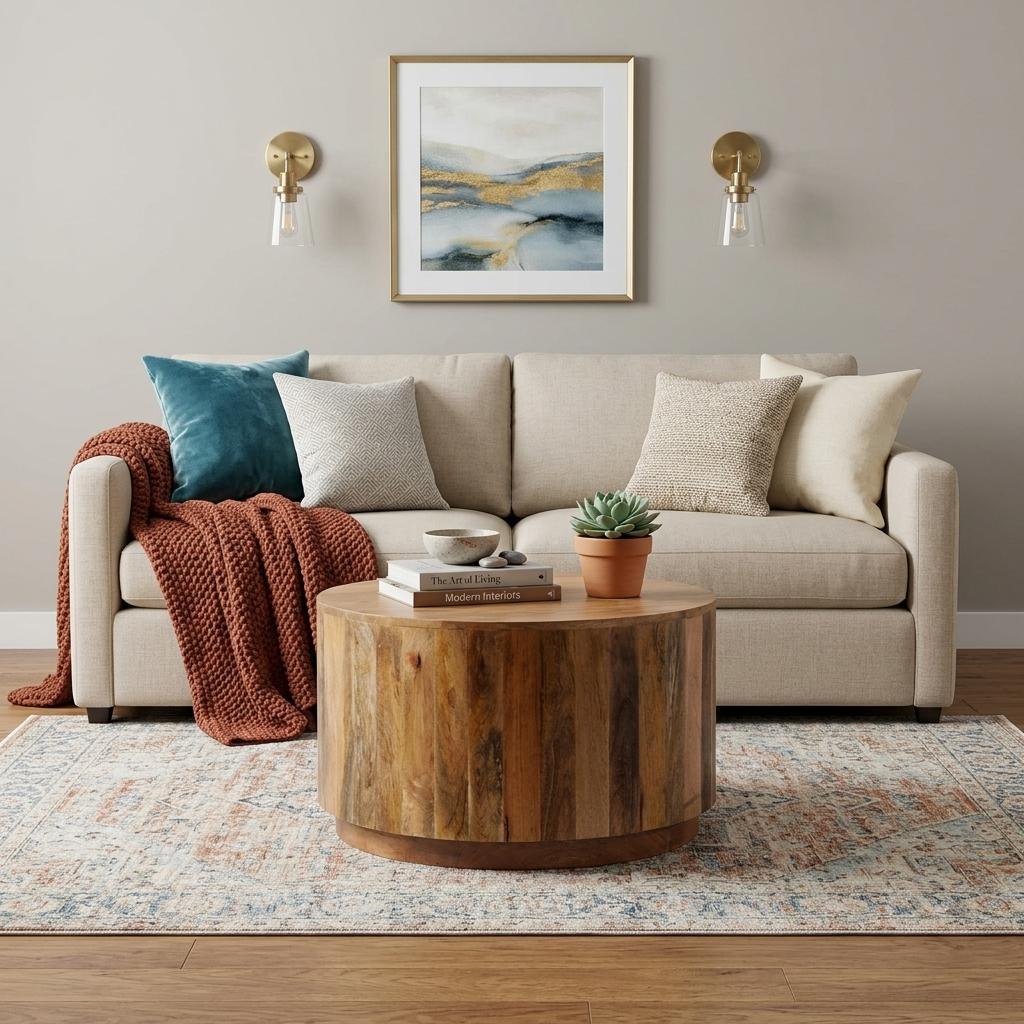 Natural round solid wood coffee table with textured grain top and curved apron