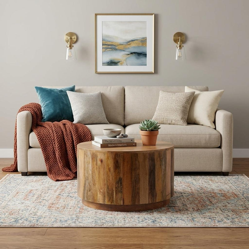 Natural round solid wood coffee table with textured grain top and curved apron