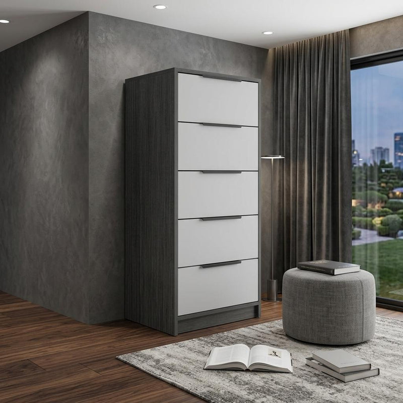 Five-drawer storage chest with white drawer fronts and dark gray side panels