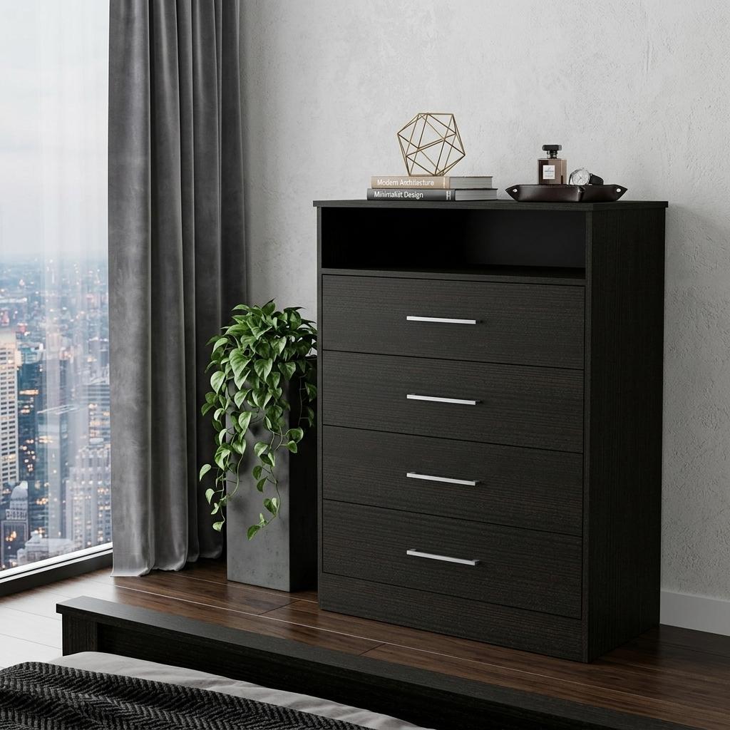 Black four-drawer dresser with open shelf, dark finish, silver bar handles