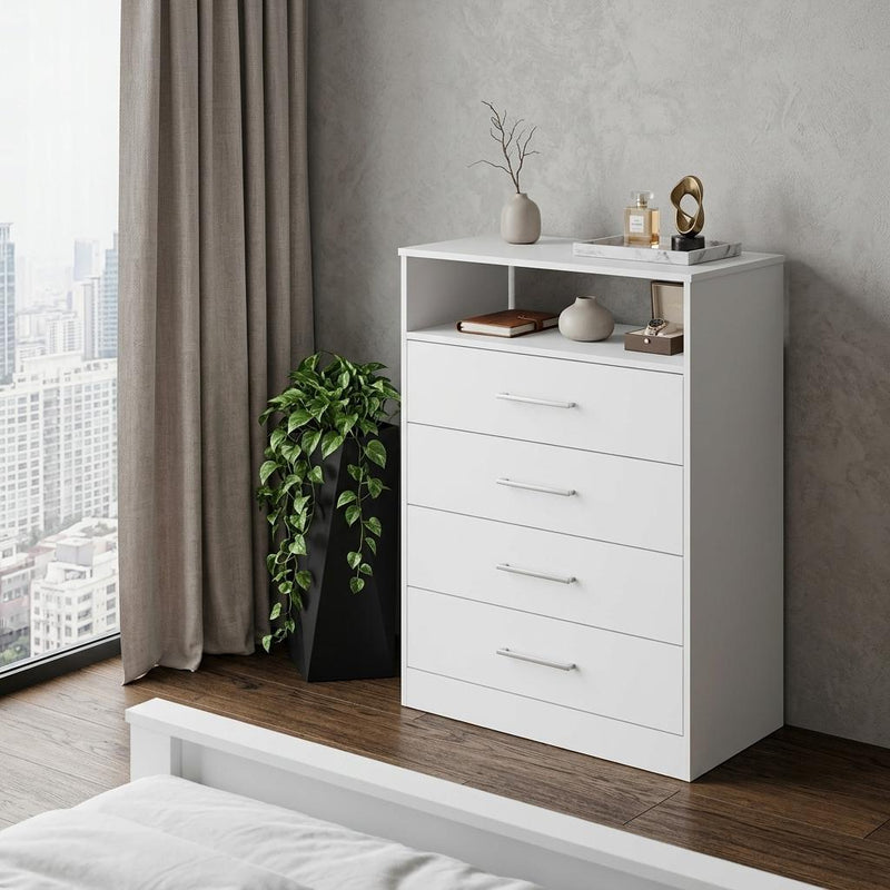 White cabinet dresser with open shelf and four drawers, slim metal handles.