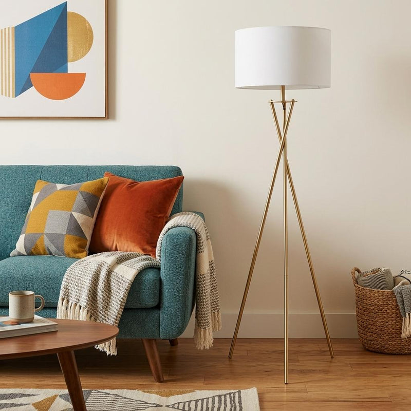 65" Gold And White Tripod Floor Lamp With White Fabric Drum Shade - Lighting