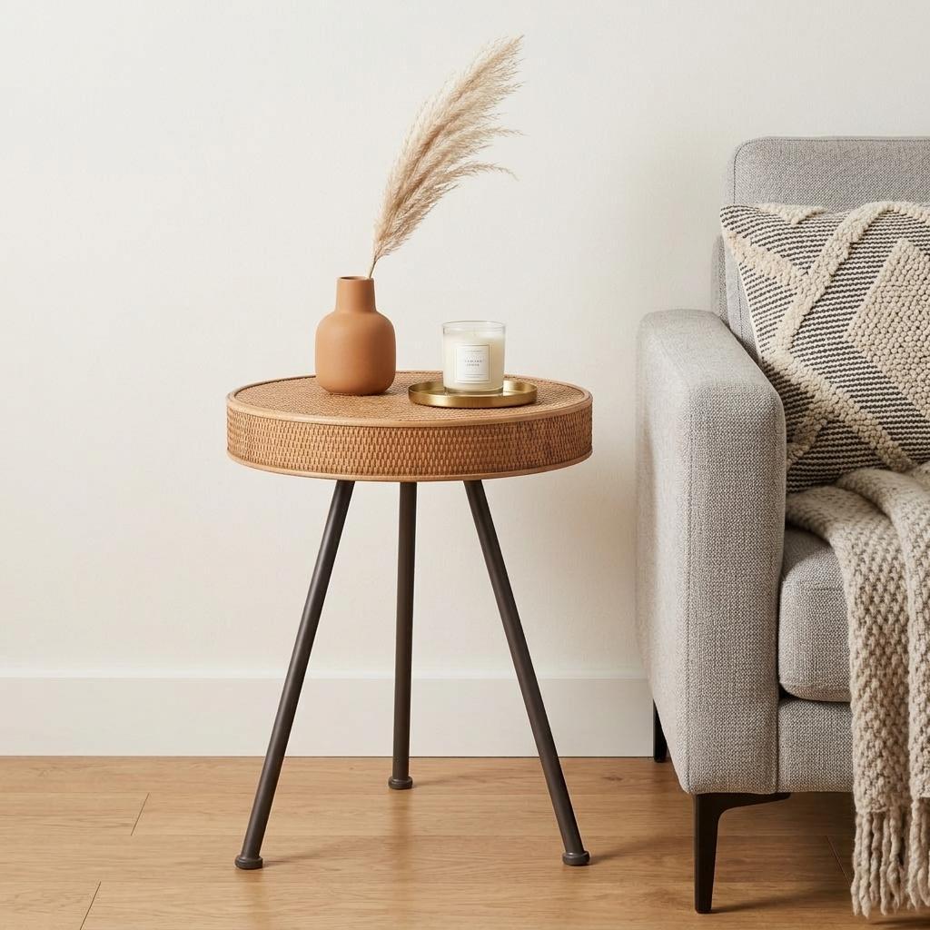 23" Natural and Gray Rattan and Steel Round End Table - Living Room