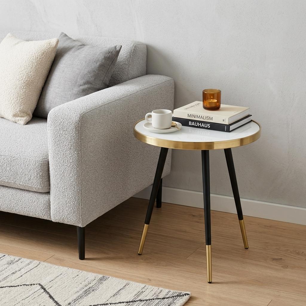 20" Gold and Black Mirrored Glass and Iron Round End Table - Living Room
