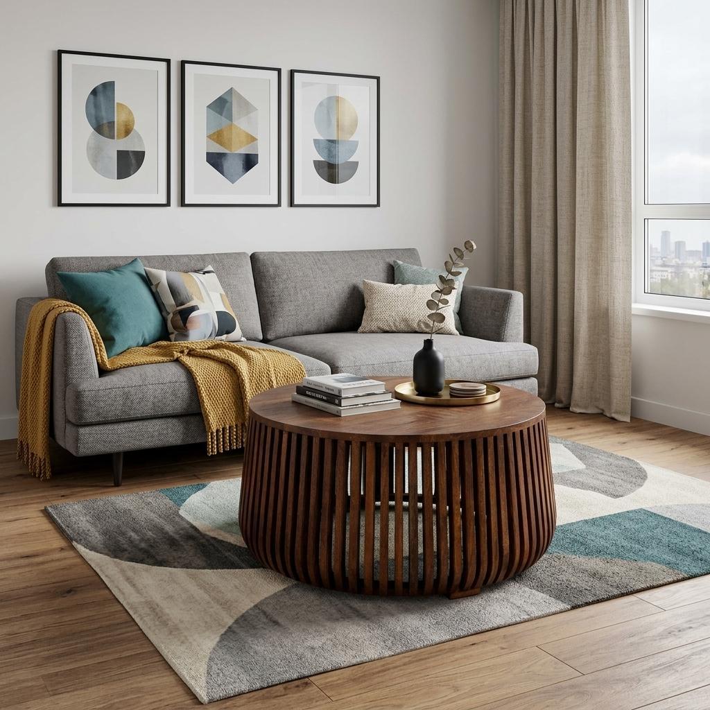 Chestnut round drum coffee table with slatted sides and circular tabletop