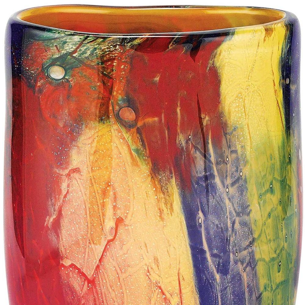 11"  Red Purple And Yellow Abstract Oval Murano Glass Table Vase - Home & Garden