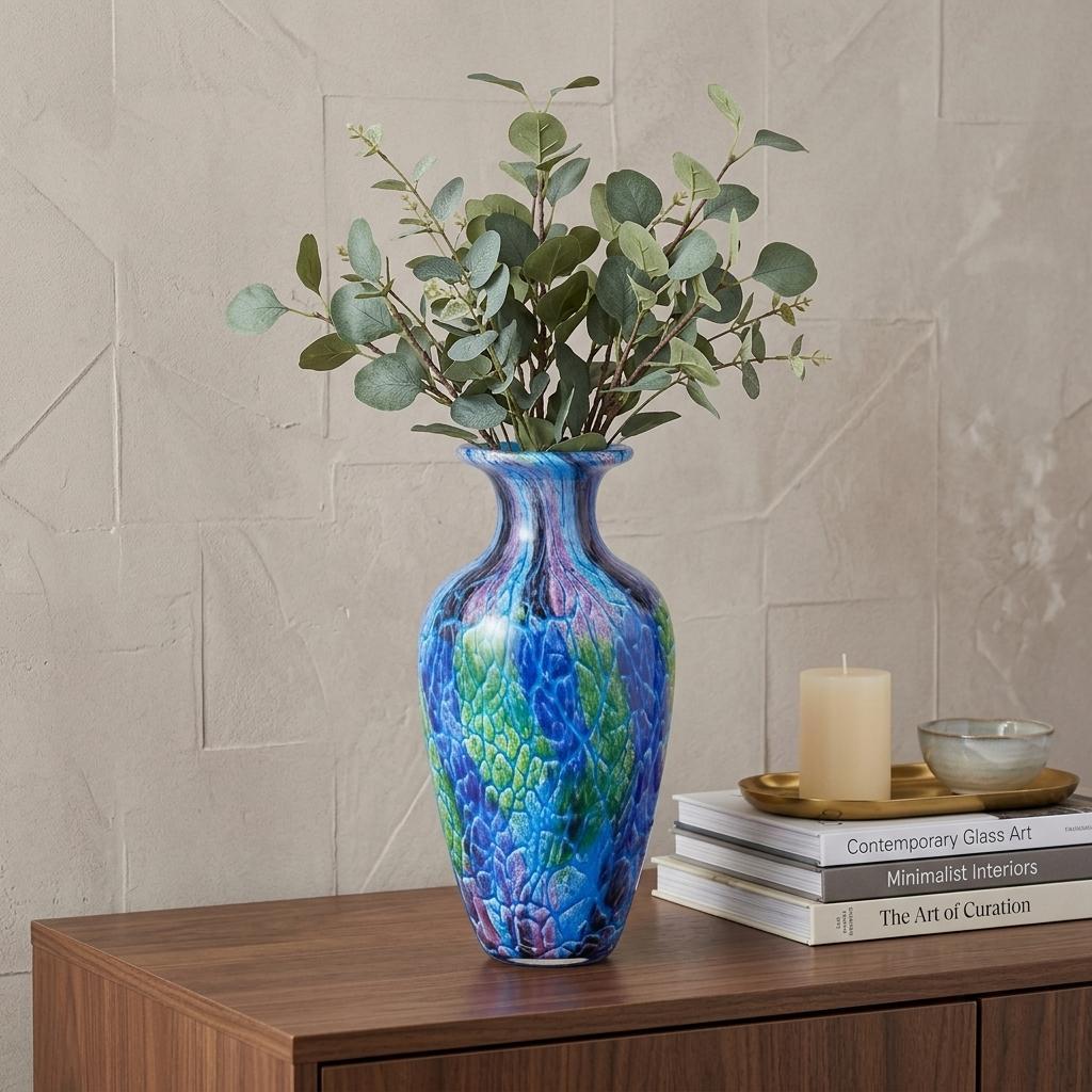10" Blue and Green Glass Abstract Round Table Vase - Home Decor