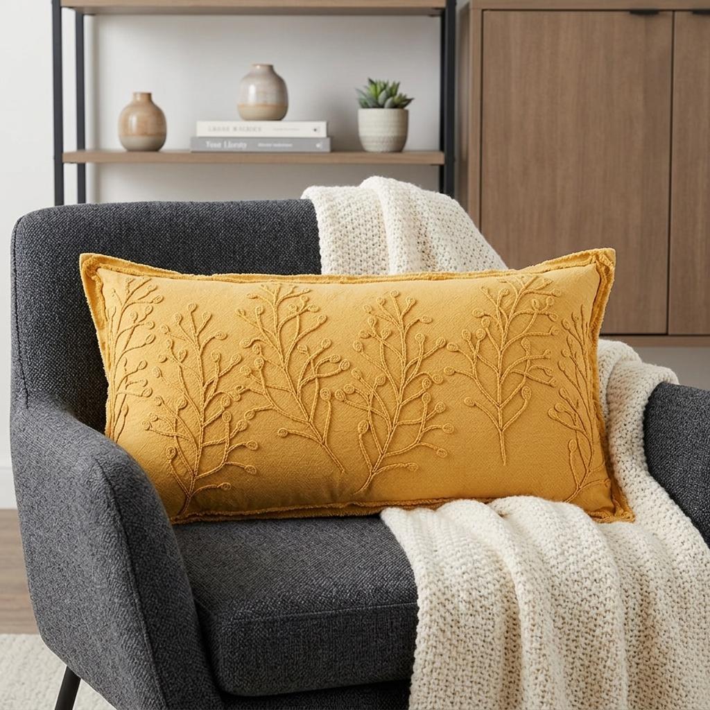 14" X 26" Yellow Botanical Throw Pillow With Embroidery - Home & Garden