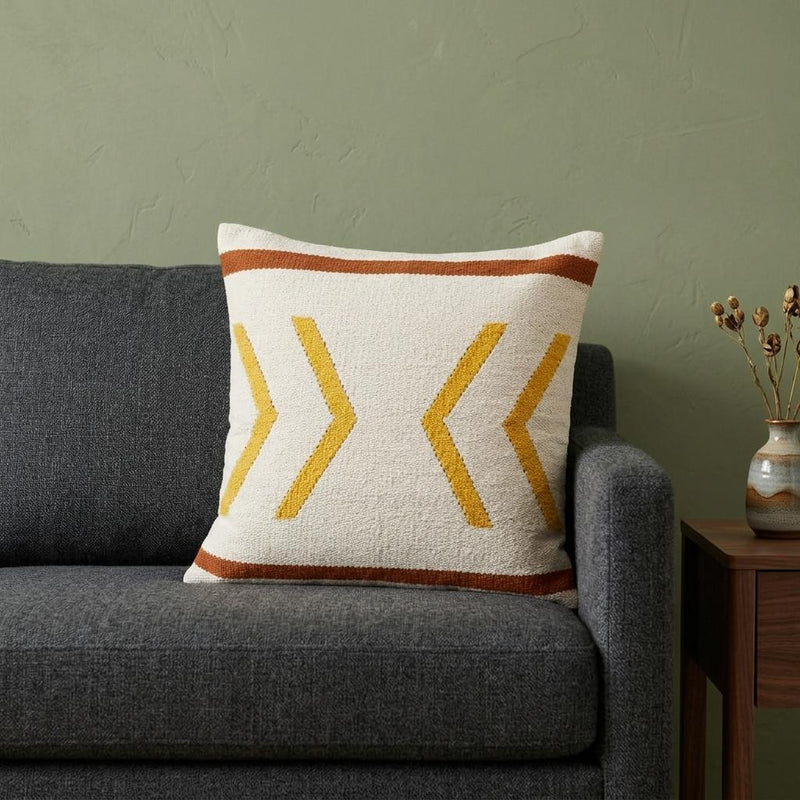 Chevron cotton pillow cover, white with yellow zigzags and rust trim border