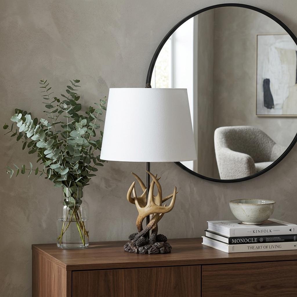 26" Natural And Brown Antlers Table Lamp With White Shade - Lighting
