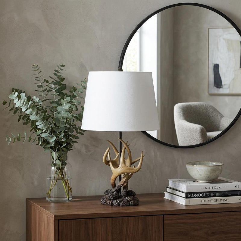 26" Natural And Brown Antlers Table Lamp With White Shade - Lighting
