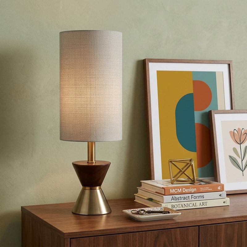 23" Brass Metal And Wood Table Lamp With Beige Drum Shade - Lighting