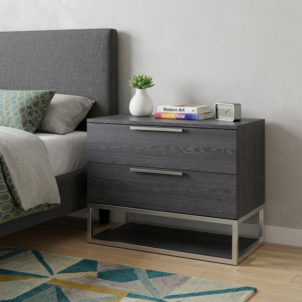 Gray solid wood nightstand with two drawers and lower shelf, styled on a bedroom floor.