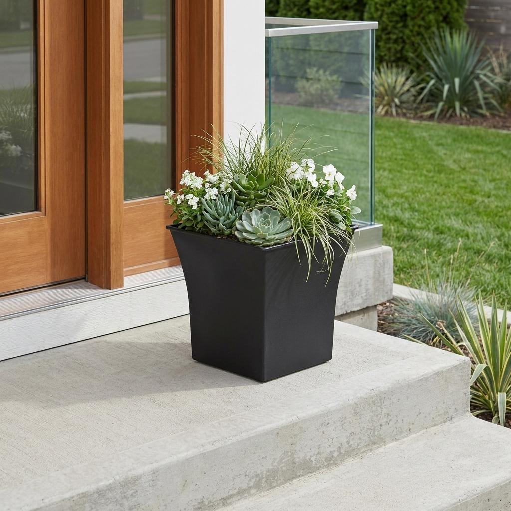 Black square plastic planter with succulents on outdoor steps