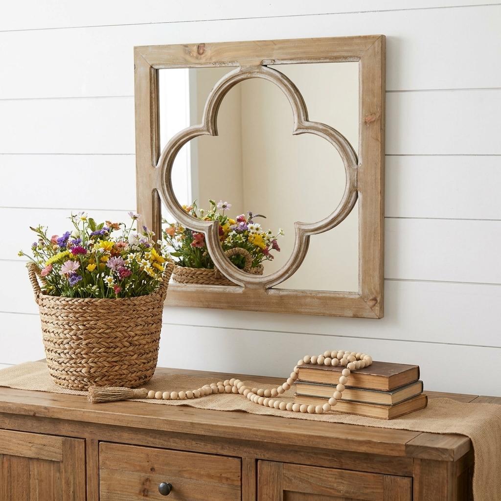 Square wall mirror with natural brown whitewash frame and quatrefoil shape, wall mounted