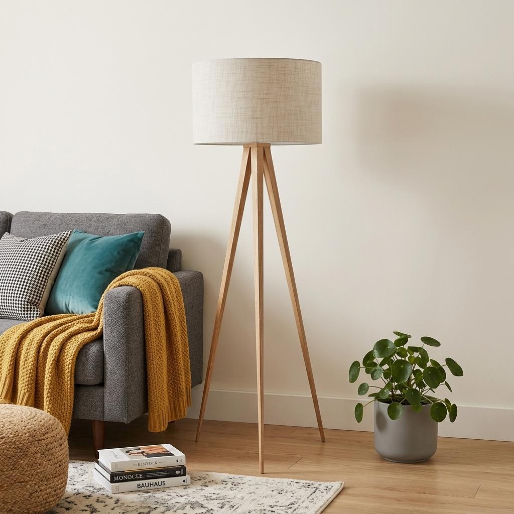 60" Natural Metal Tripod Floor Lamp With White Fabric Drum Shade - Lighting