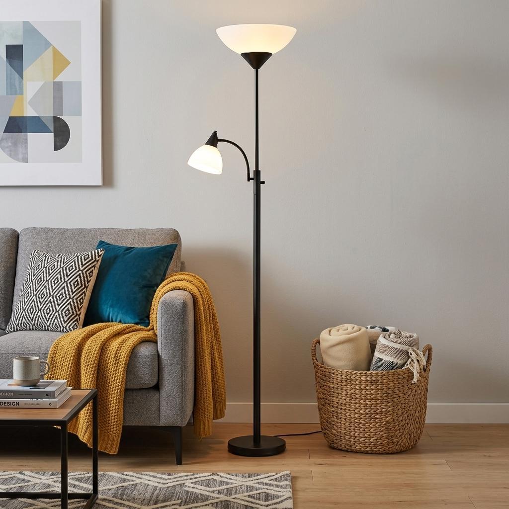 71" Two Light Torchiere Floor Lamp With White Acrylic Bowl Shades - Lighting