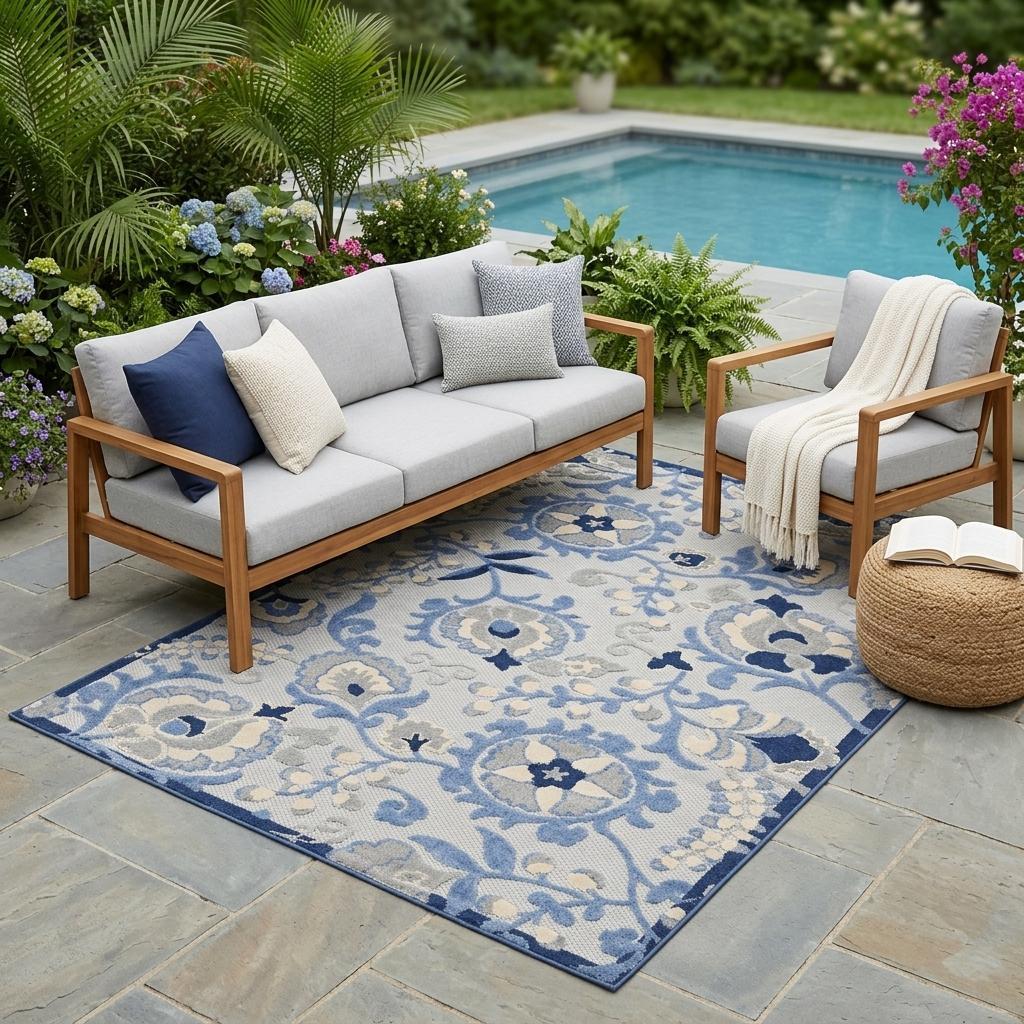 5' X 7' Blue And Gray Indoor Outdoor Area Rug - Outdoor