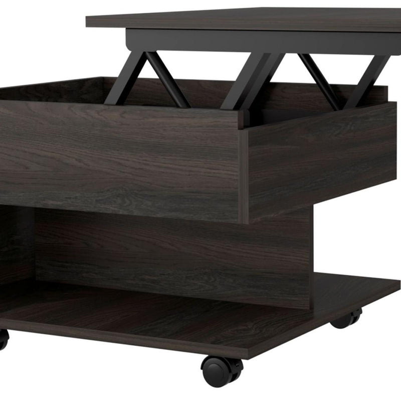 Lift-top coffee table corner detail, dark brown wood panels and open storage space