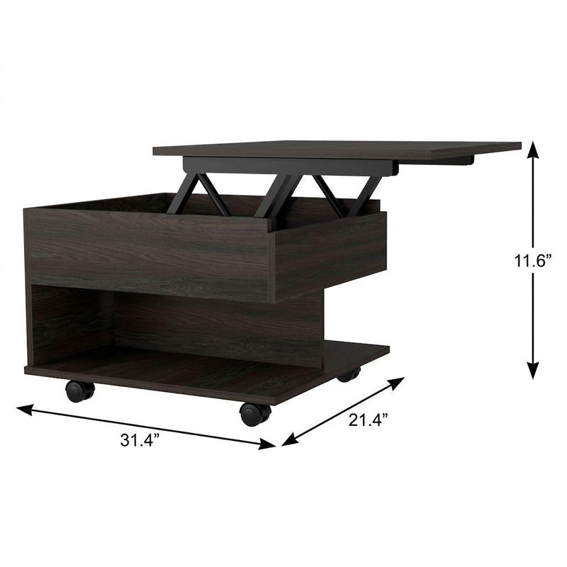 Lift-top coffee table with caster wheels, dark brown wood, open storage compartment