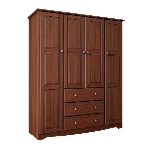 Solid wood dresser with four cabinet doors and three drawer fronts in dark brown finish