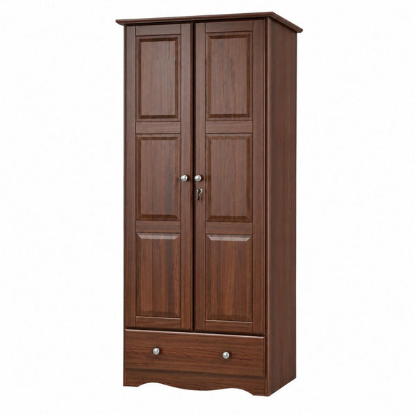 Brown solid wood cabinet dresser with two doors, one drawer, and round knobs