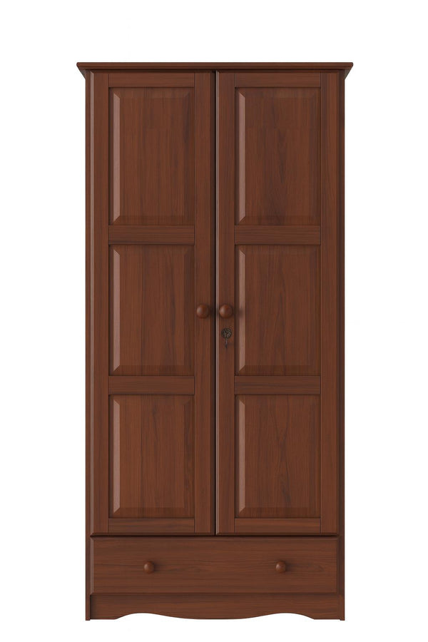 Coffee solid wood two-door cabinet dresser with framed doors and bottom drawer, pull handles