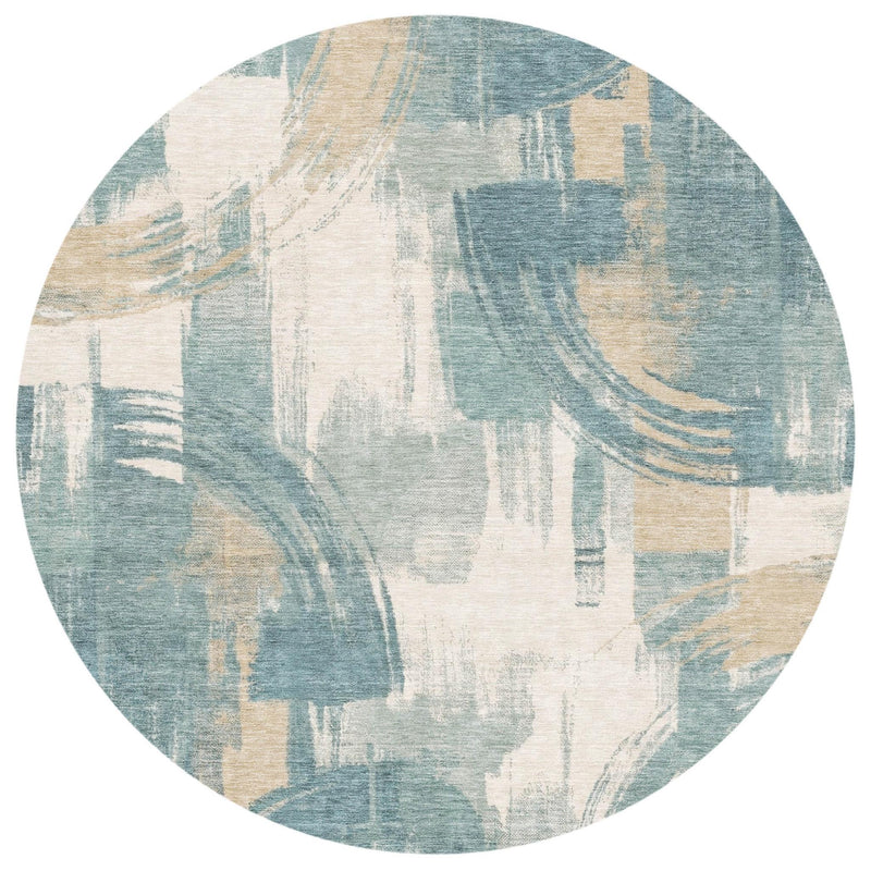Round abstract area rug top view, teal blue and cream geometric wash design