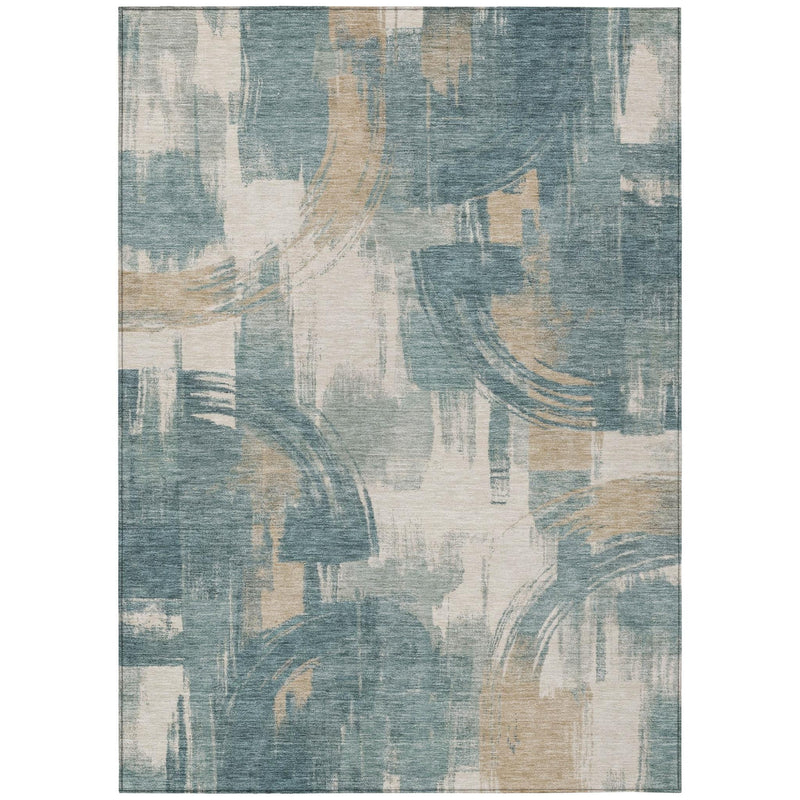 Abstract area rug with layered teal, blue, and beige paint-stroke pattern
