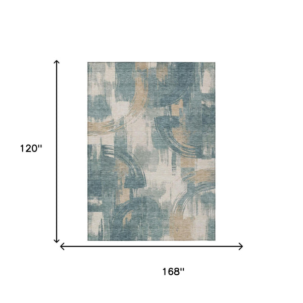 Rectangular turquoise and teal abstract area rug with off-white and beige brushstroke pattern