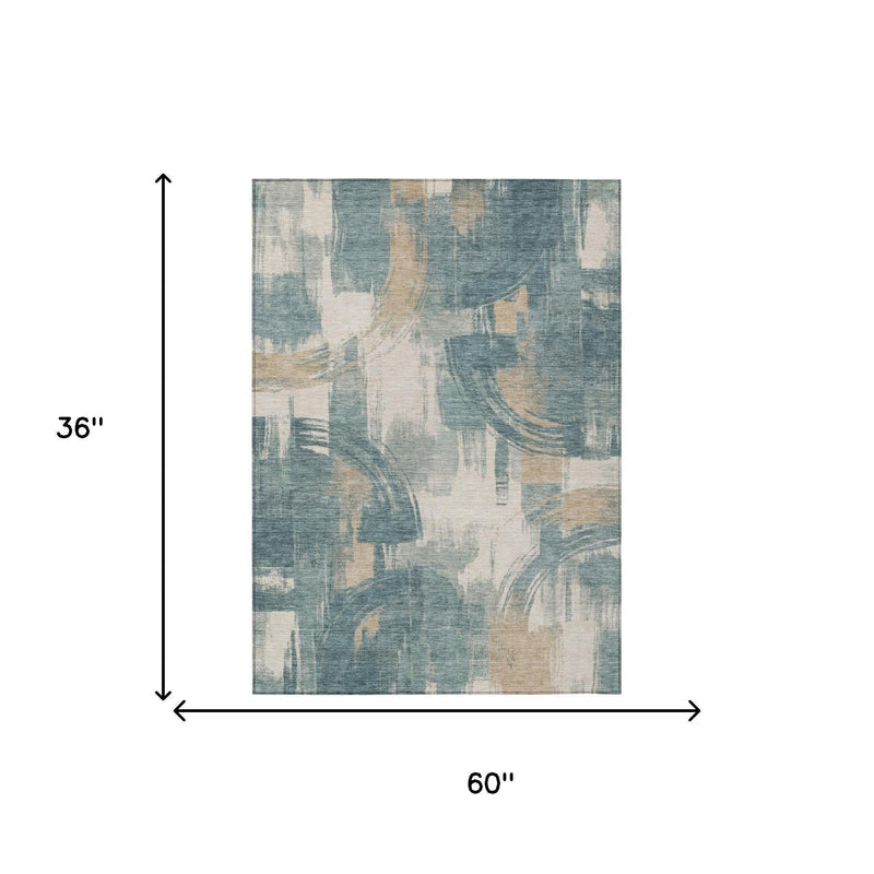 Abstract area rug, turquoise and teal blue, 60 in x 36 in