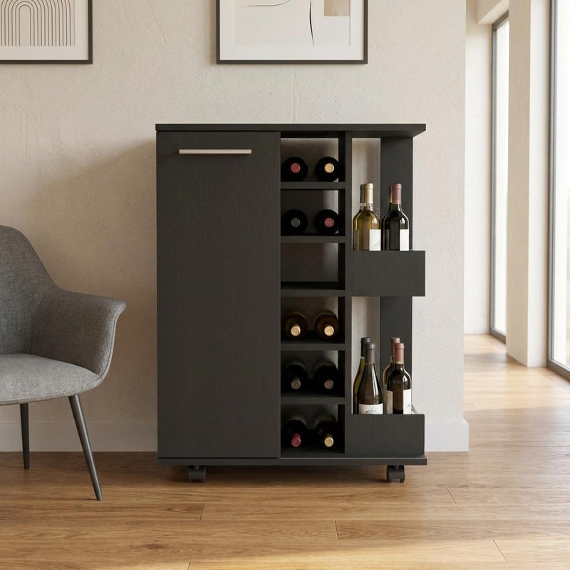 Black Rolling Bar Cart With Wine Storage - Kitchen & Dining