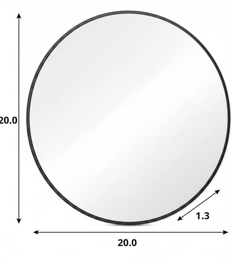 20-inch round bathroom mirror with black frame and size dimensions shown