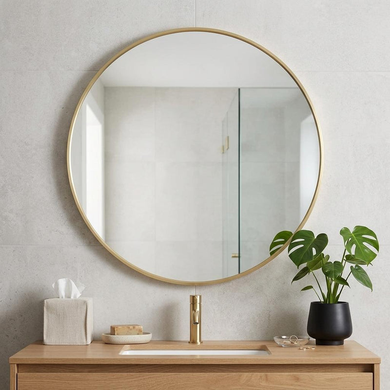 Round bathroom vanity mirror with gold metal rim frame