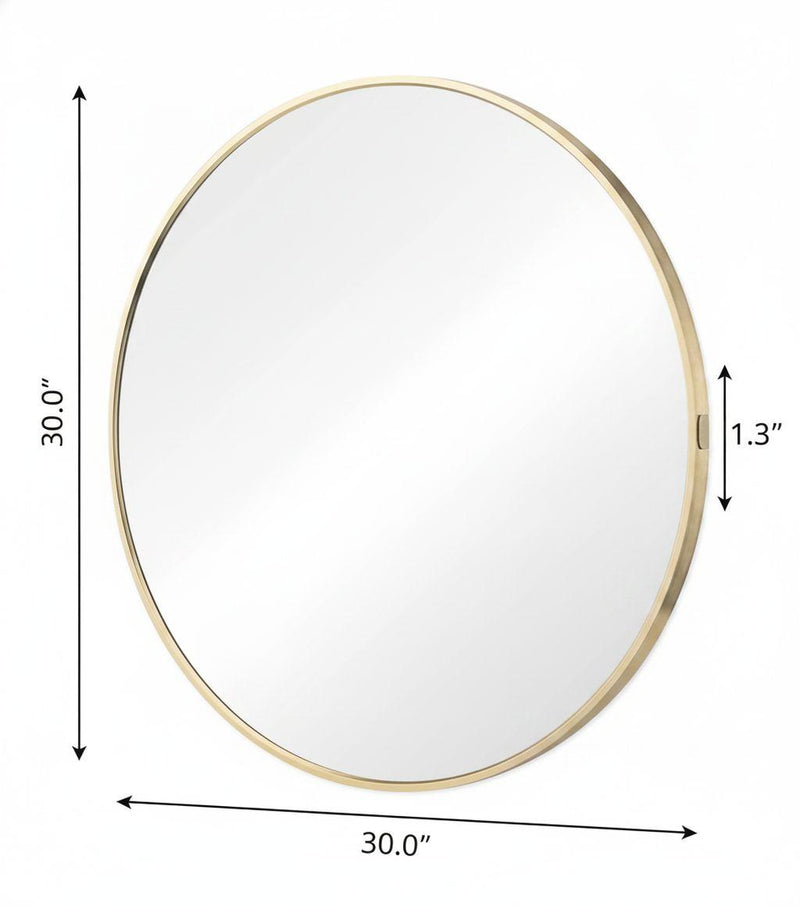 Round mirror dimensions: 30.0in diameter, 1.3in depth, gold metal frame