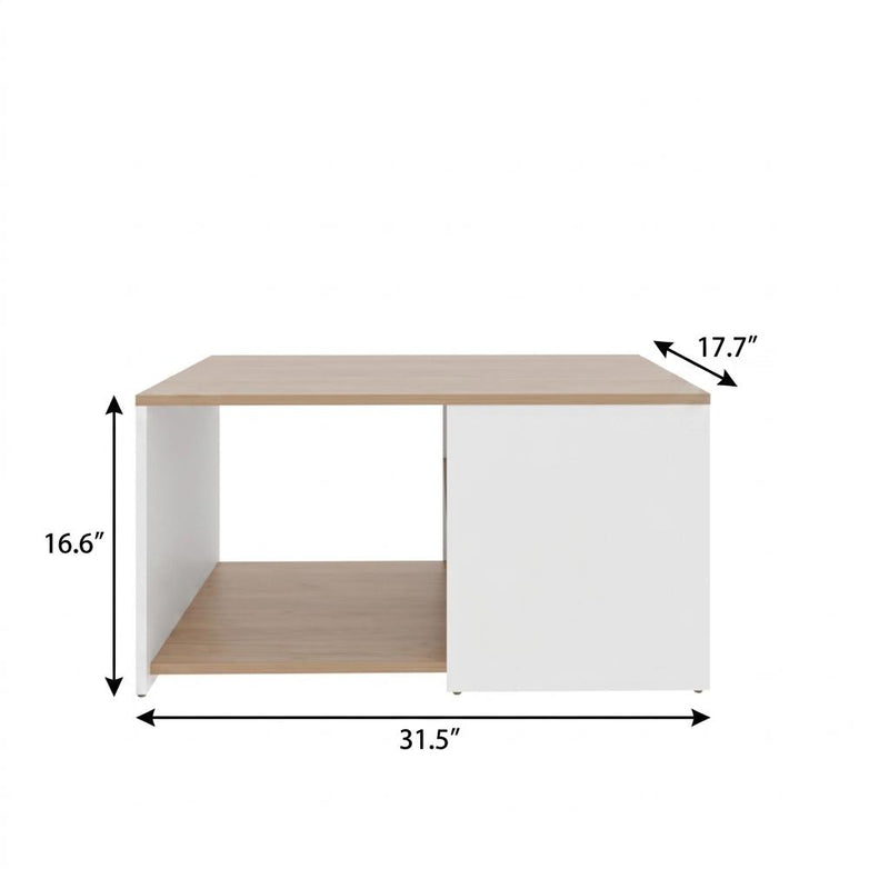 White and oak coffee table, 31.5" wide and 16.6" high, with open shelf
