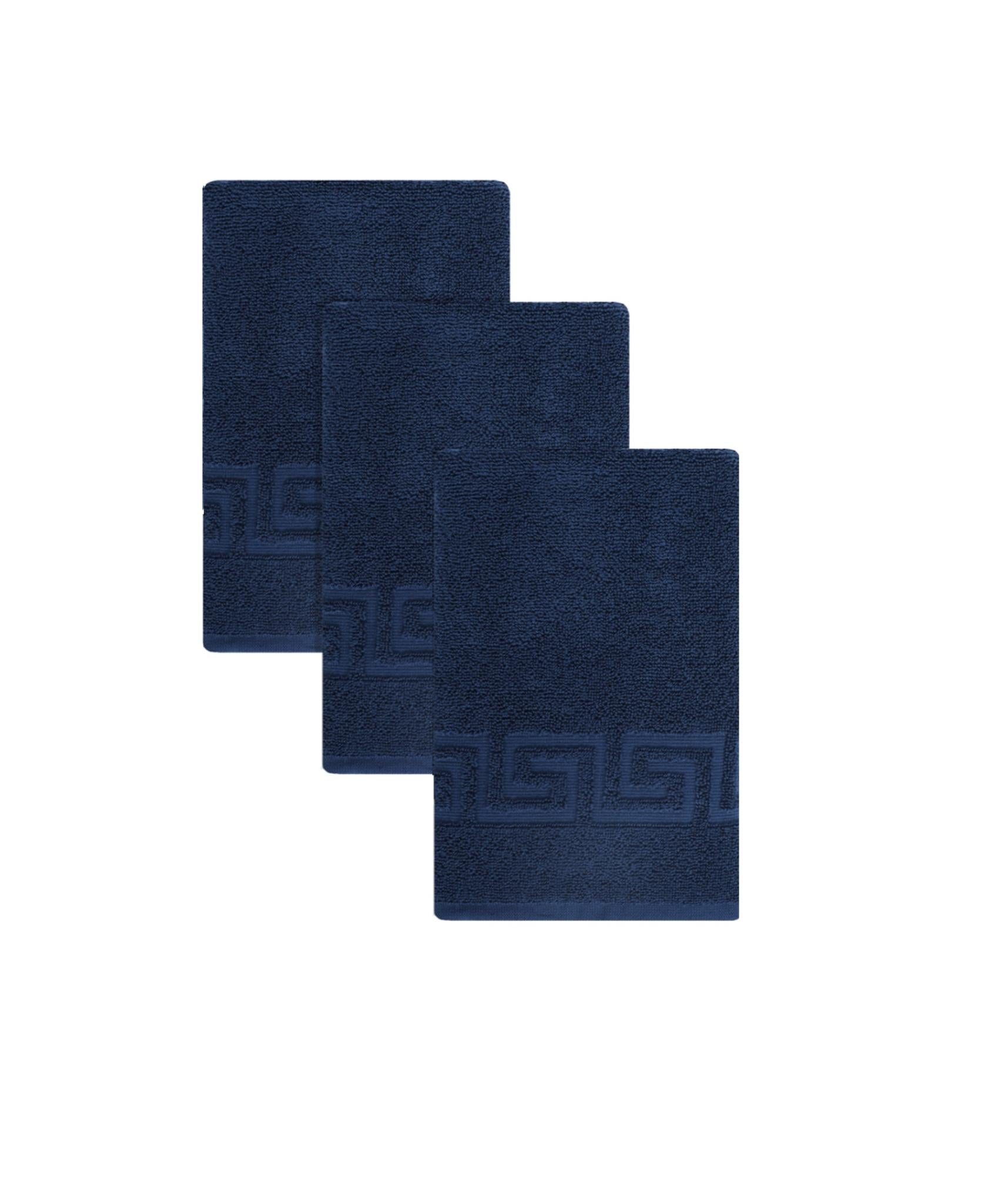 Navy Turkish cotton hand towel corner with Greek key jacquard pattern