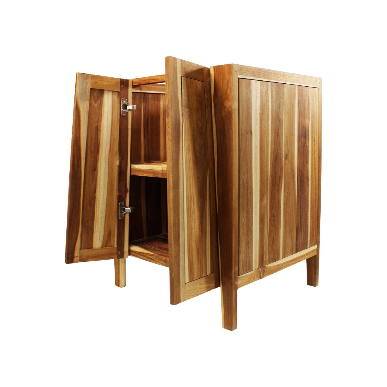 Light brown solid wood freestanding bathroom vanity with two open doors
