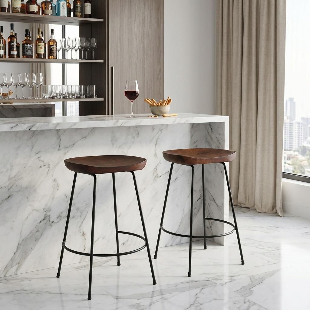 Set of Two 25" Chestnut And Black Solid Wood And Steel Backless Counter Height Bar Chairs - Living Room
