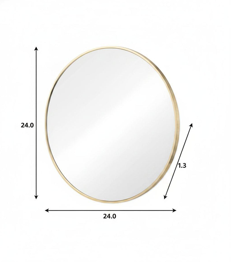 Round bathroom vanity mirror with gold metal frame; 24 in diameter