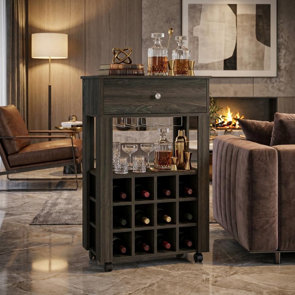 Espresso Rolling Bar Cart With Wine Storage - Kitchen & Dining