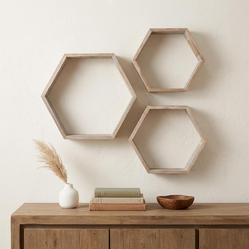 Set of Three Gray Wood Hexagon Wood Open Box Shelves - Home Decor