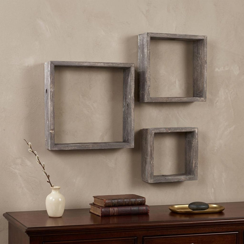 Set of Three Smoky Black Wood Square Hanging Dimensional Sculpture - Home Decor