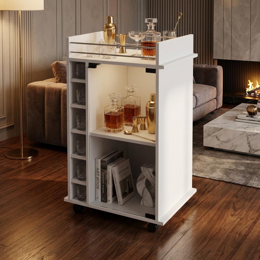 White Rolling Bar Cart With Wine Storage - Kitchen & Dining