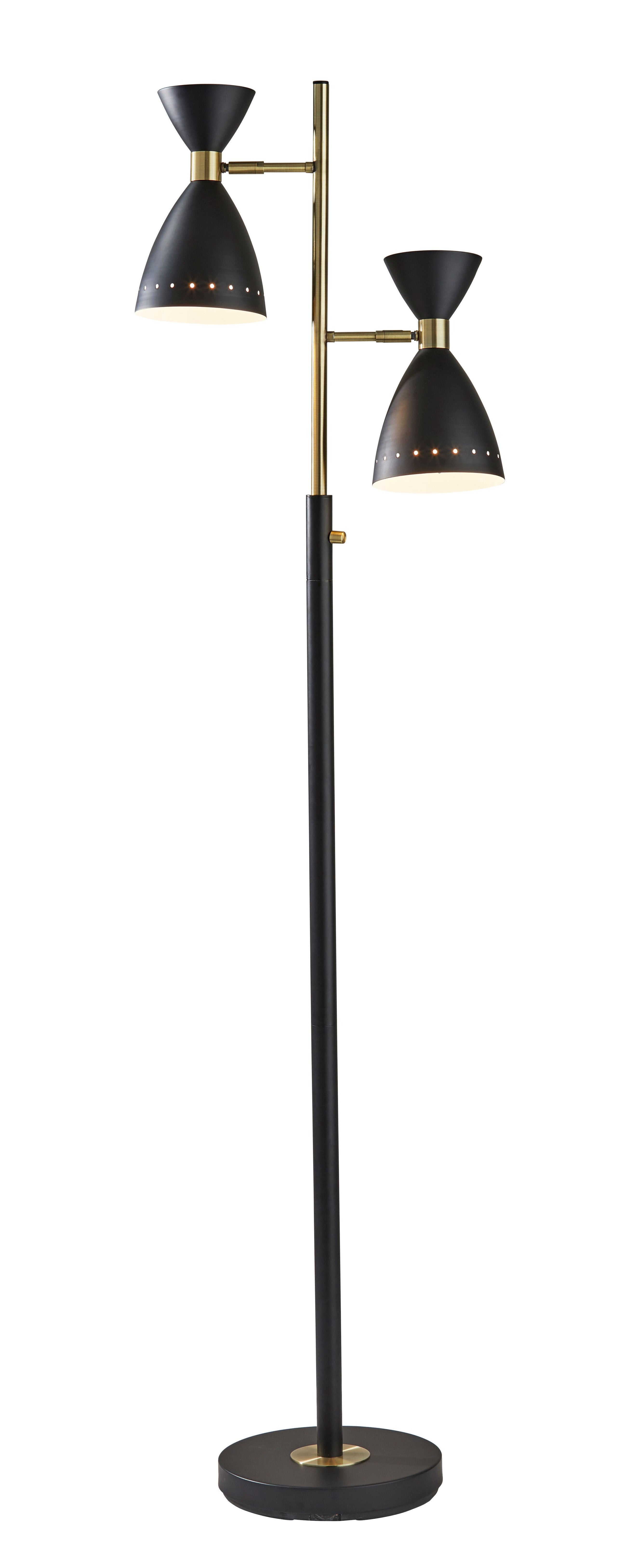 68" Black And Gold Metal Two Light Task Floor Lamp With Black Metal Cone Shade - Lighting