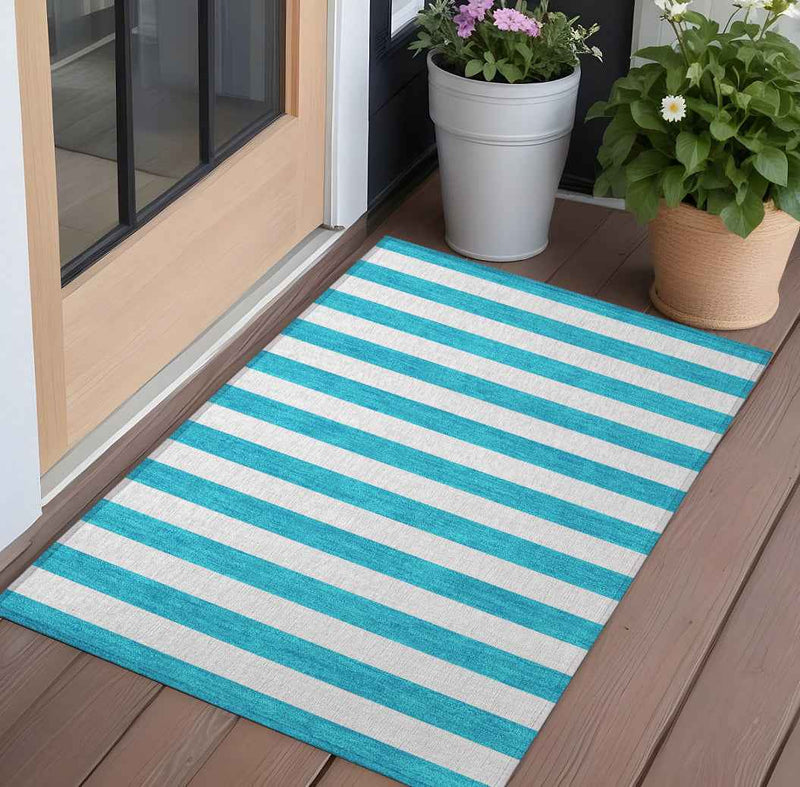 2' X 3' Teal Striped Washable Non Skid Indoor Outdoor Area Rug